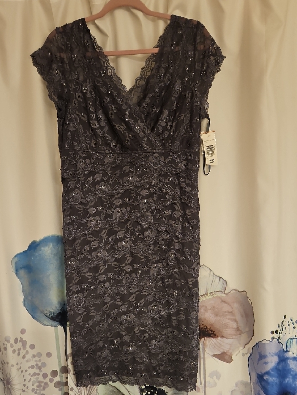 Blu Sage Charcoal Gray Lace Sequin Midi Dress